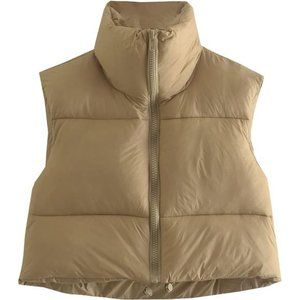 Women's Winter Cropped Puffer Vest Crop Jackets For Women Full Zip Stand Collar